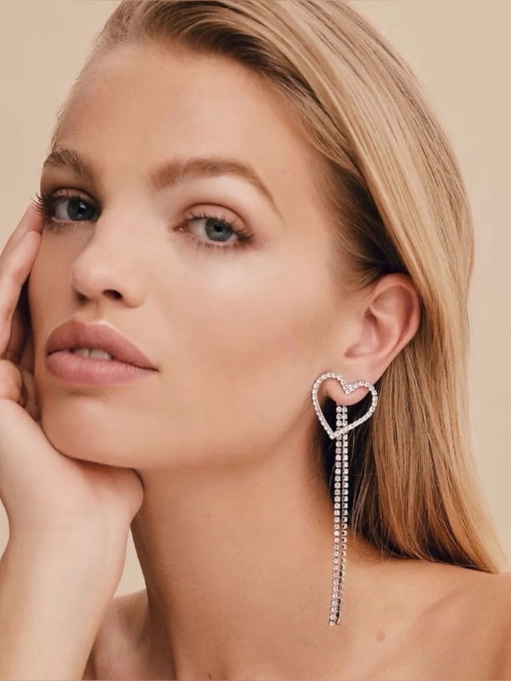Anthropologie BHLDN Shashi Silver Crystal Heart Rhinestone Wedding Drop Earrings